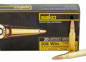 Sako Super Hammerhead Rifle Ammunition PC29235A, 308 Winchester, Soft Point Boat Tail Bonded Core, 150 GR, 20 …